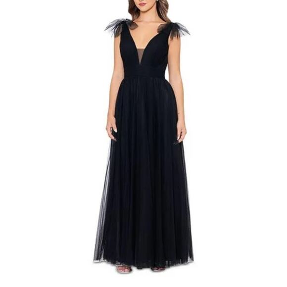 Betsy & Adam Backless Black Chiffon Evening Gown Size 4 Long Formal Dress - Picture 11 of 13